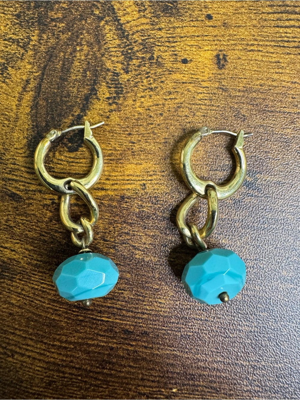 Monet Gold Plated Hoop Earrings with Teal Bead Drops